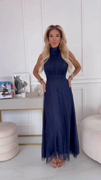 vestido de cerimónia comprido com brilho azul navy BeStylish 