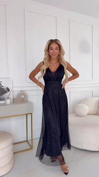 vestido de festa comprido preto com brilho BeStylish 