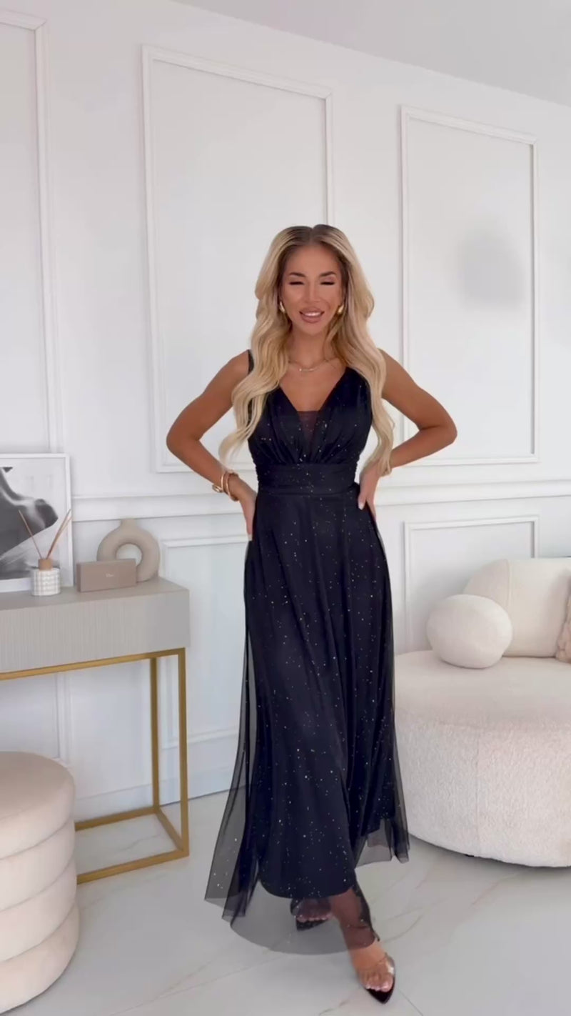 vestido de festa comprido preto com brilho BeStylish 