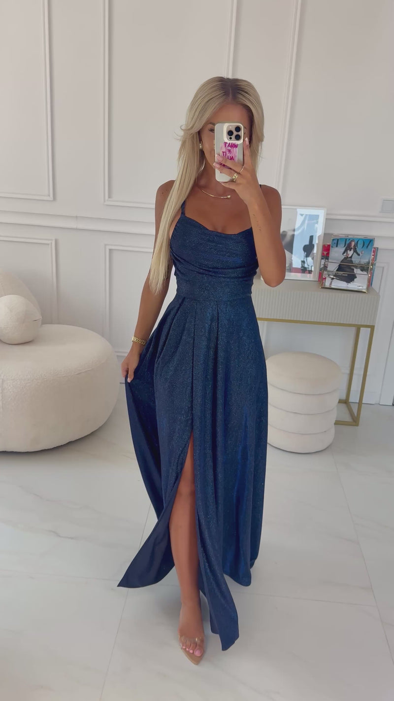 Vestido de cerimónia comprido azul marinho brilhante BeStylish