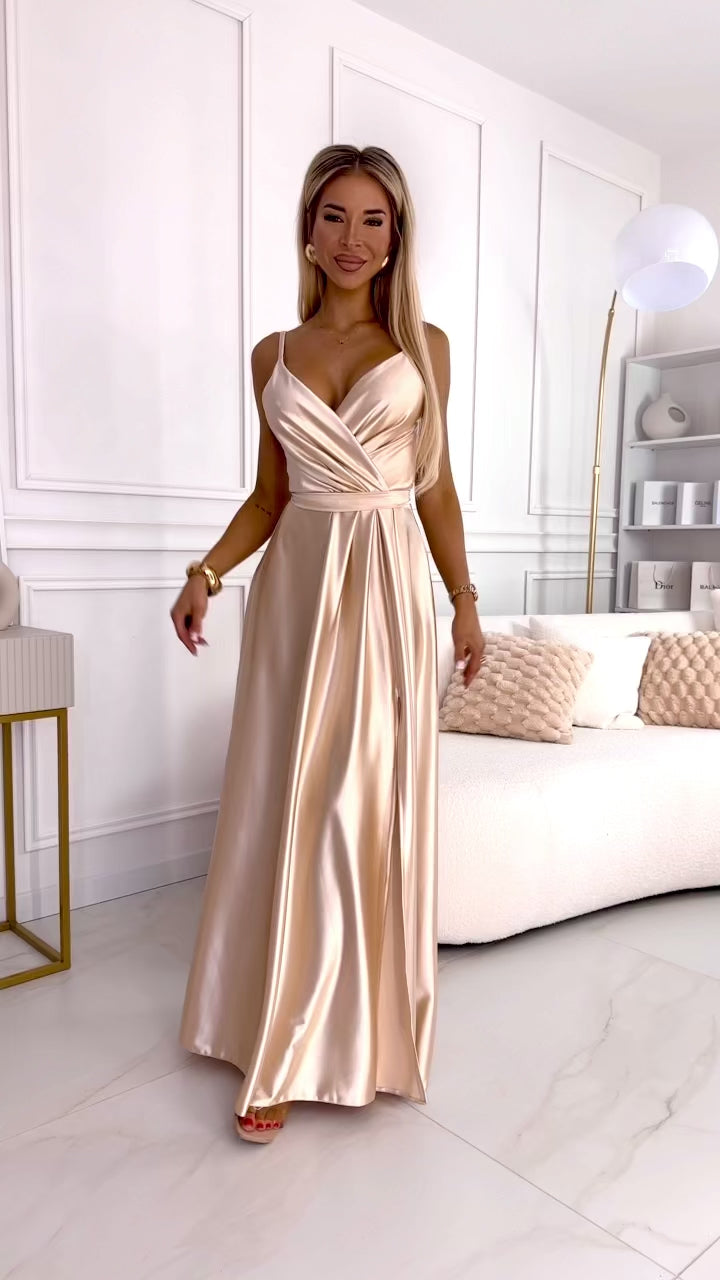 Vestido de cerimónia comprido em cetim dourado BeStylish