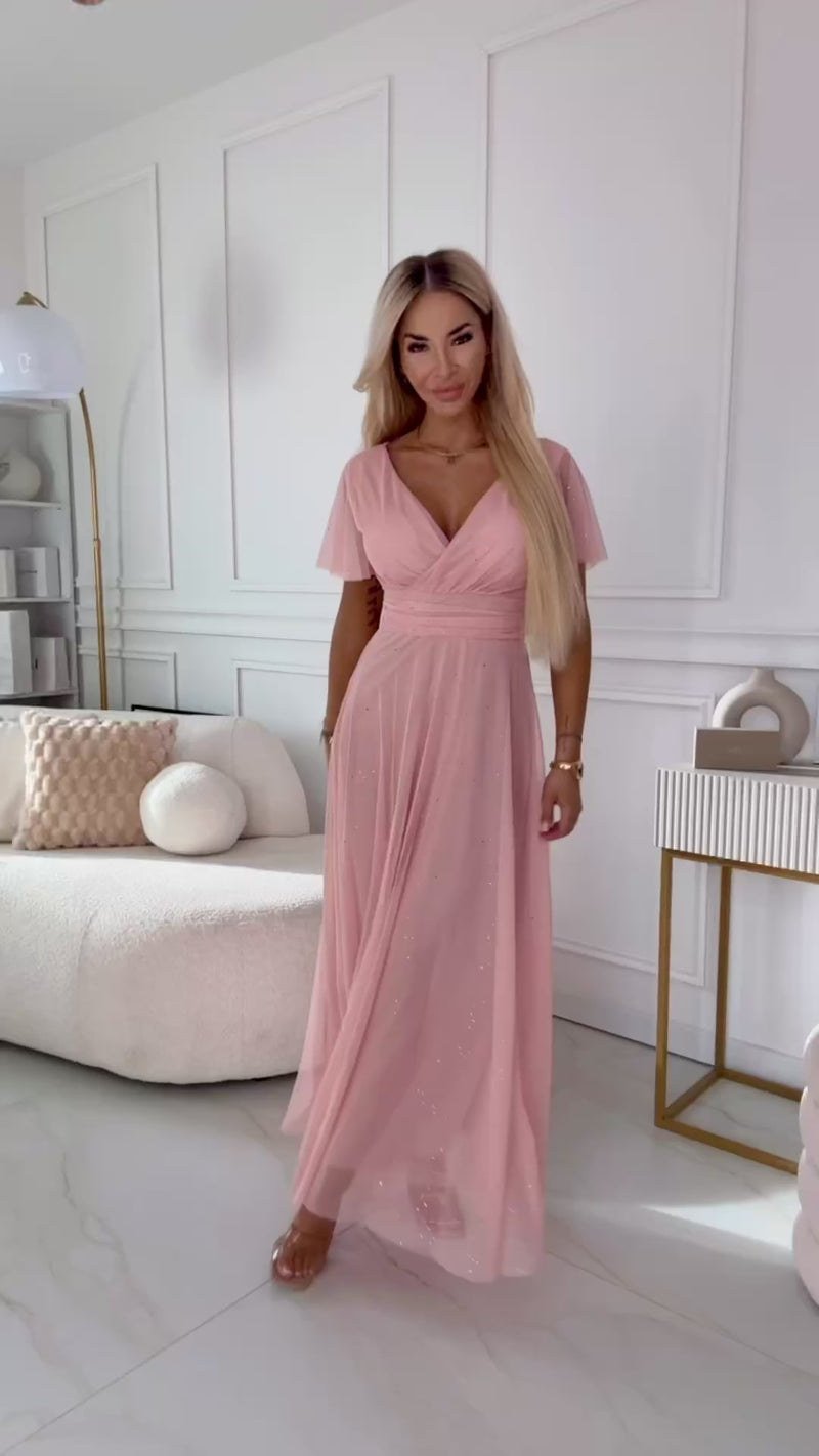 Vestido de festa comprido com brilho e tulle cor pêssego BeStylish