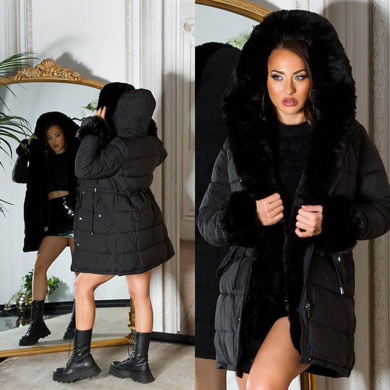 Casaco de inverno quispo preto com pêlo e carapuço BeStylish