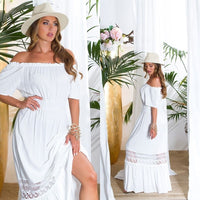 Vestido de praia comprido com ombros à mostra e renda branco BeStylish