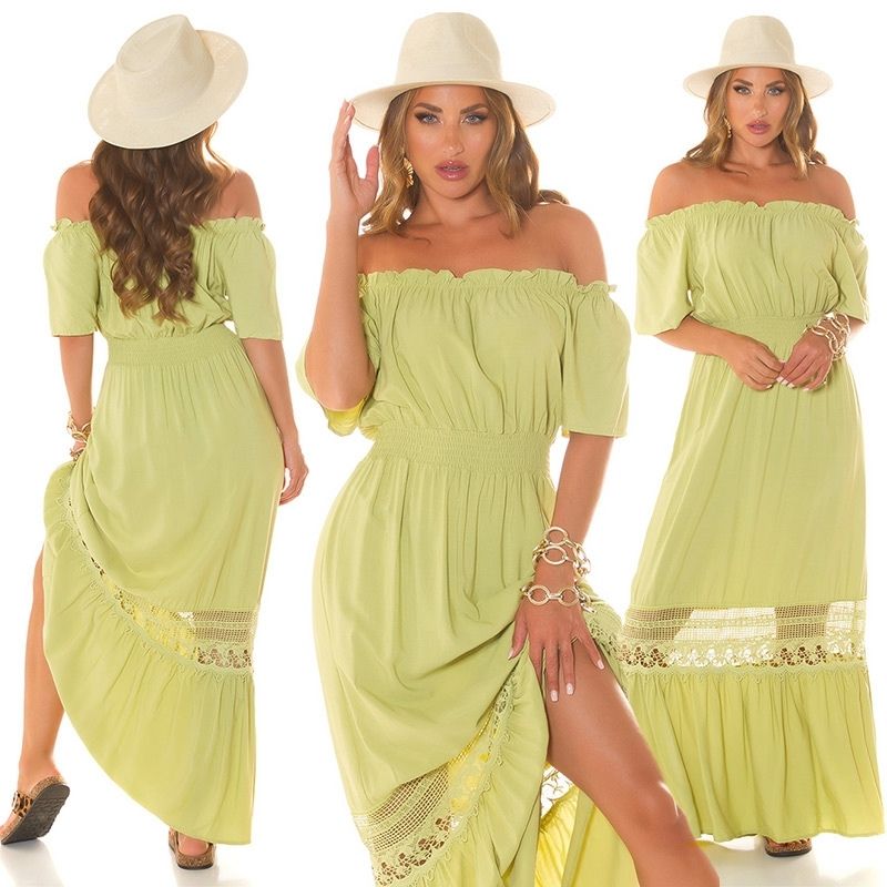Vestido de praia comprido com ombros à mostra e renda verde BeStylish