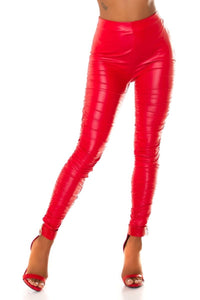 Calças vermelhas de cintura subida imitação de pele wetlook BeStylish