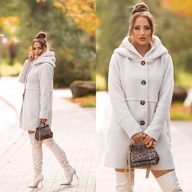 Casaco de inverno bege com carapuço estilo bouclé BeStylish