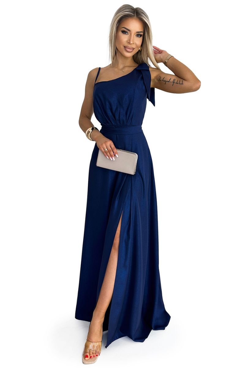 Vestido de cerimónia comprido azul navy com racha e laço BeStylish