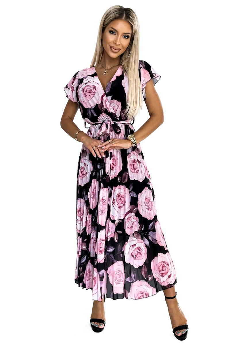 Vestido de cerimónia florido comprido e plissado preto e rosa BeStylish