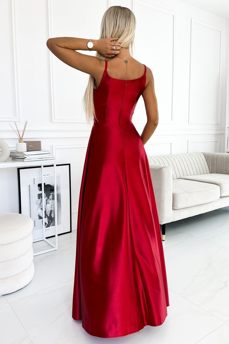 Vestido de cerimónia comprido cetim com alças vermelho BeStylish