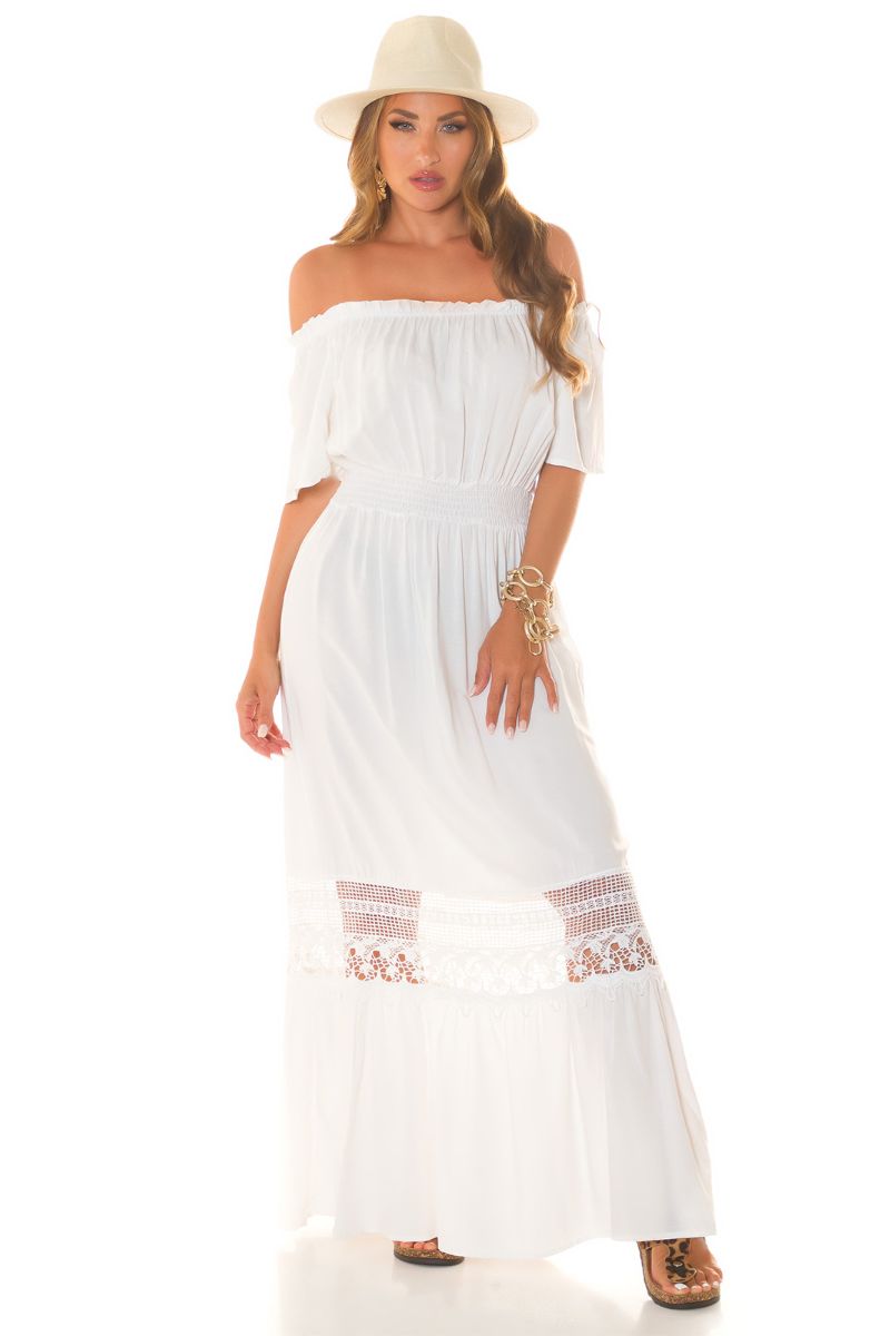 Vestido de praia comprido com ombros à mostra e renda branco BeStylish