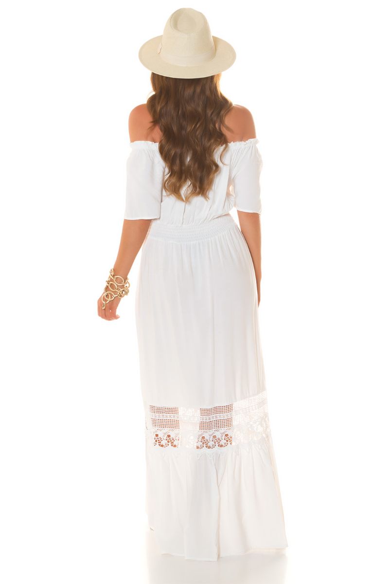 Vestido de praia comprido com ombros à mostra e renda branco BeStylish