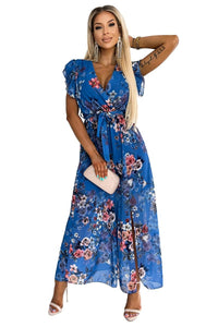 Vestido de cerimónia plissado comprido florido azul BeStylish 