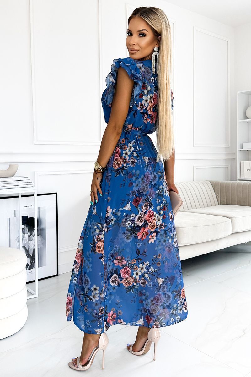 Vestido de cerimónia plissado comprido florido azul BeStylish