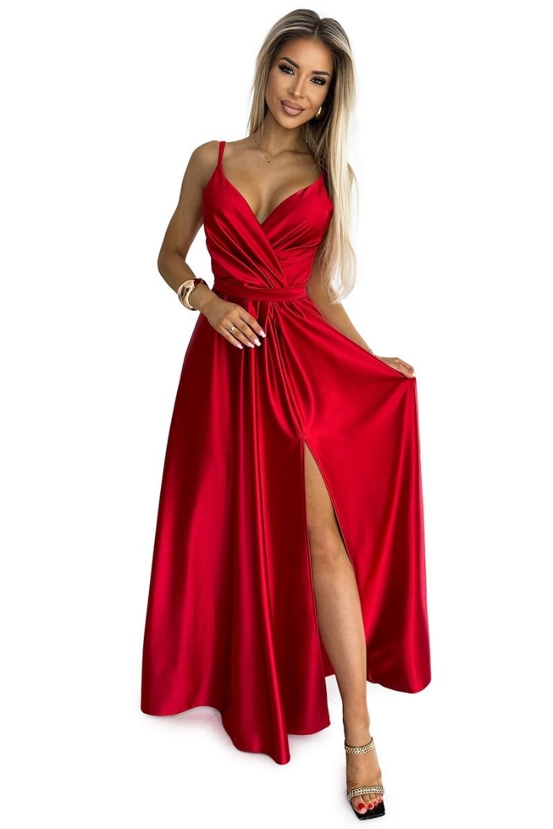 Vestido de cerimónia comprido em cetim vermelho BeStylish