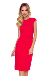 vestido médio elegante com mangas curtas e cinto vermelho BeStylish